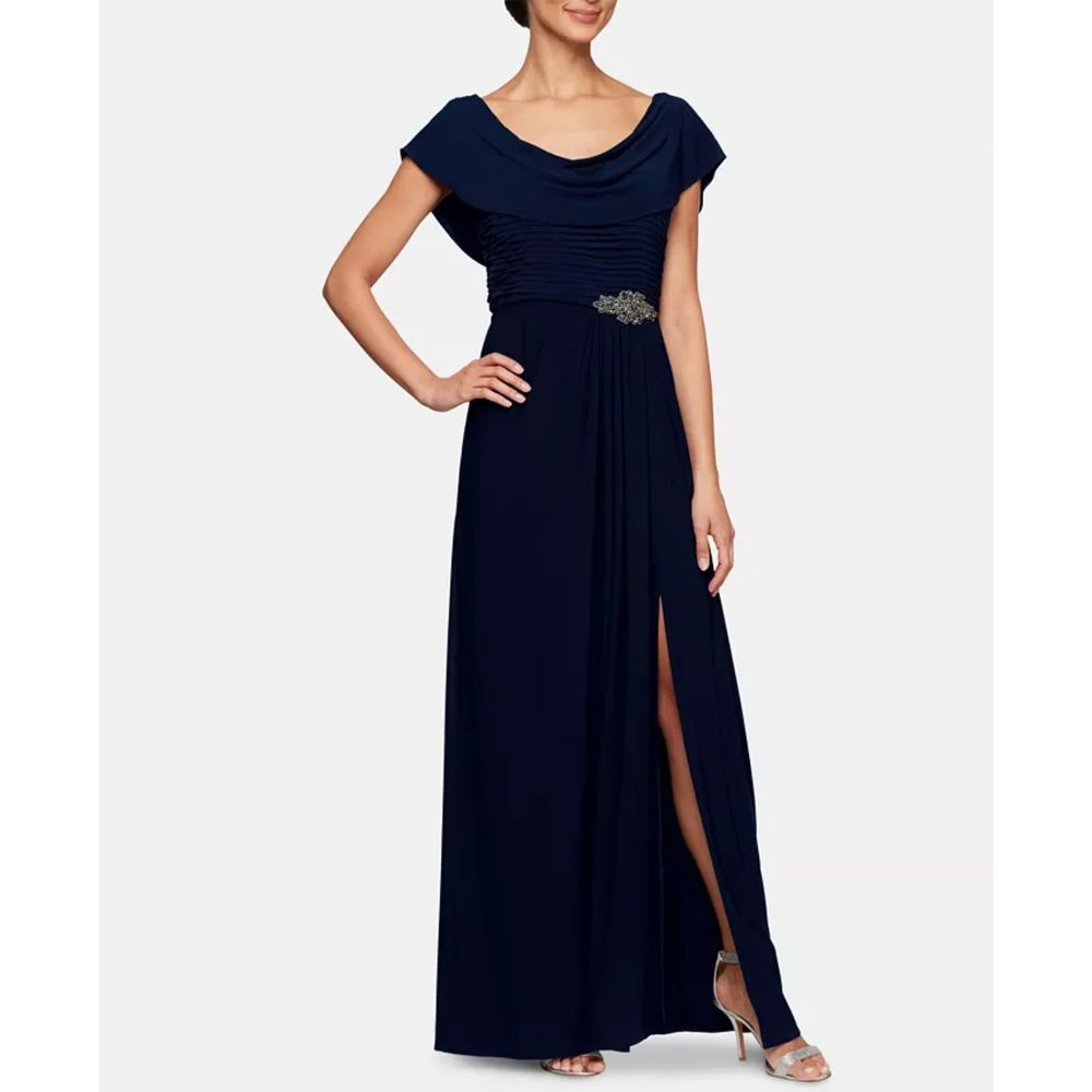 Alex Evenings Cowl Neck Beaded Waist Gown Navy Blue Size 12
